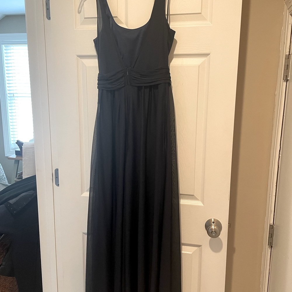 Size small, navy dress, v”a in back with sheer overlay.